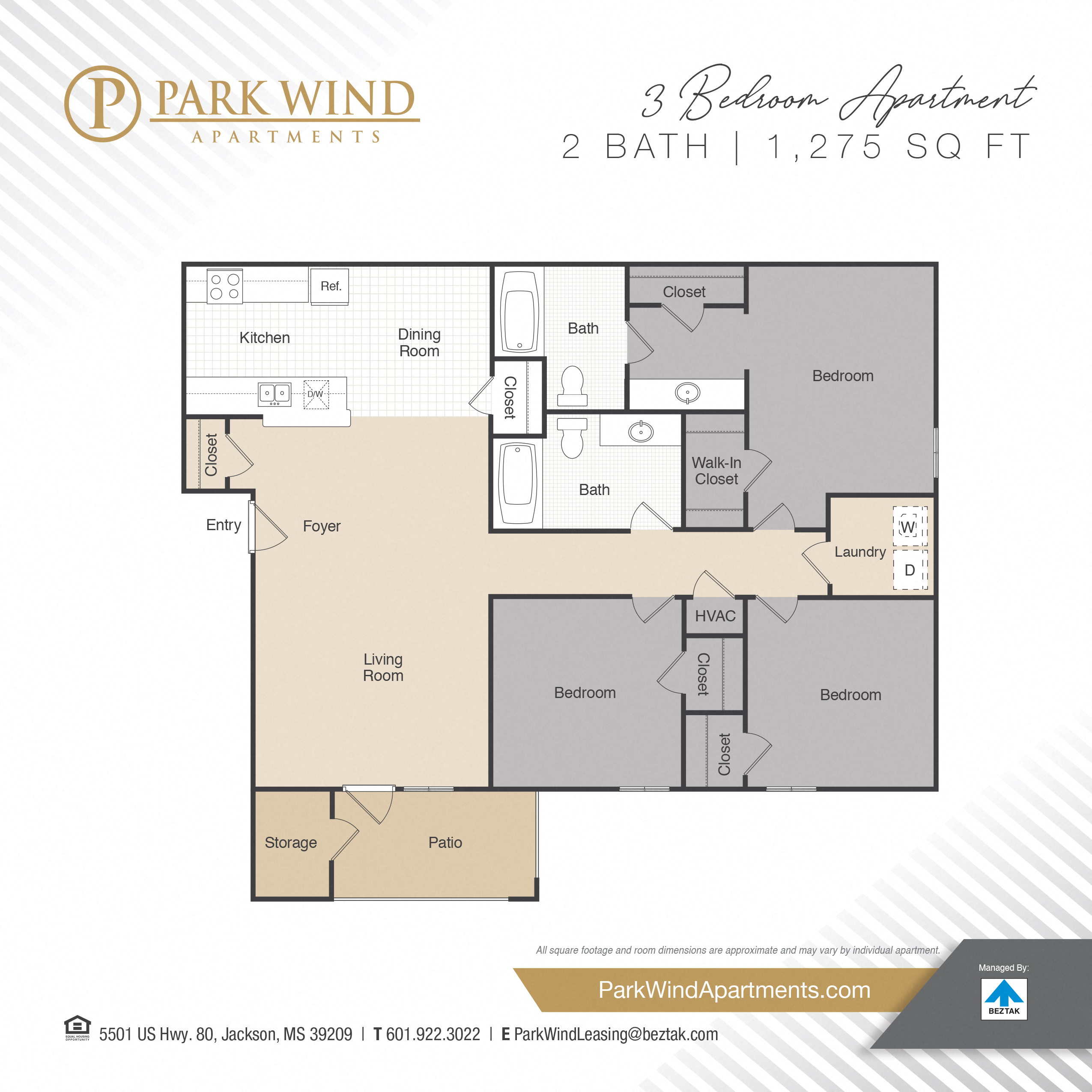 Floor plan for 3 beds, 2 baths, 1275 sqft